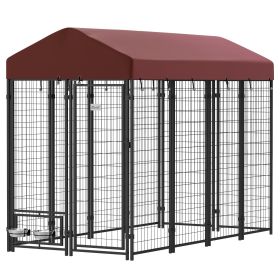 Outdoor Dog Kennel with Rotating Bowl Holders, Walk-in Pet Playpen with Waterproof Cover, 8' x 4' x 6', Red (Color: Red)
